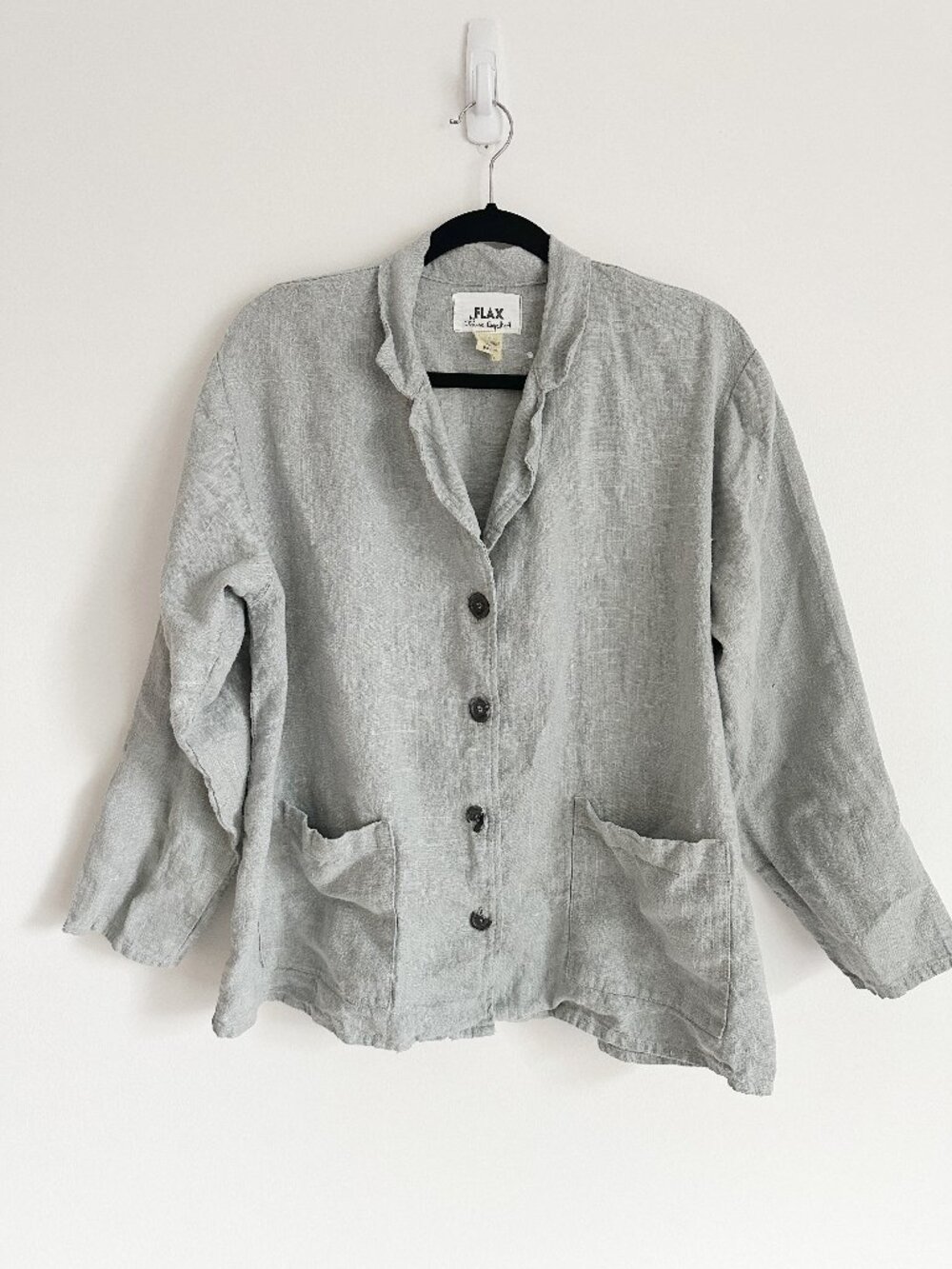 FLAX by Jeanne Engelhart Linen Jacket Gray Button Front Blazer Oversized Small